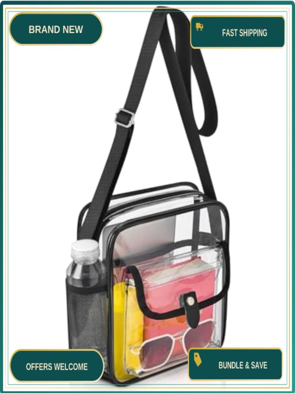 Clear Crossbody Bag Stadium Approved PVC Messenger with Bottle Holder